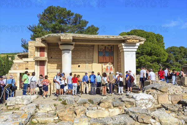 Knossos, Greece, April 27, 2019: People visiting Crete landmark, ruins of Minoan Palace, Europe
