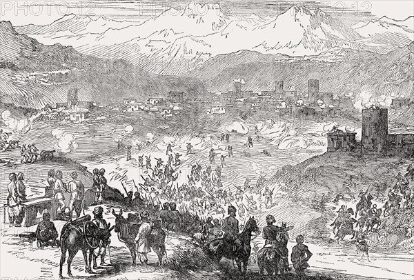 Attack on a town, scene from Anglo-Zulu War, 1879, From British Battles on Land and Sea, by James