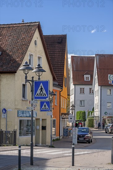 Pointed gable houses and street lamps in Marktstraße, Bad Wurzach, Allgäu, Baden-Württemberg,