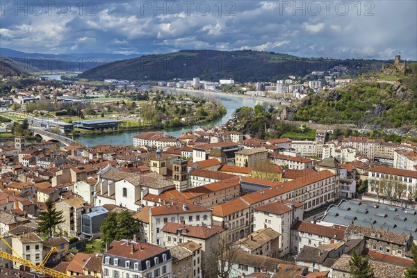 An aerial view of Vienne from hill of Pipet, France, Europe