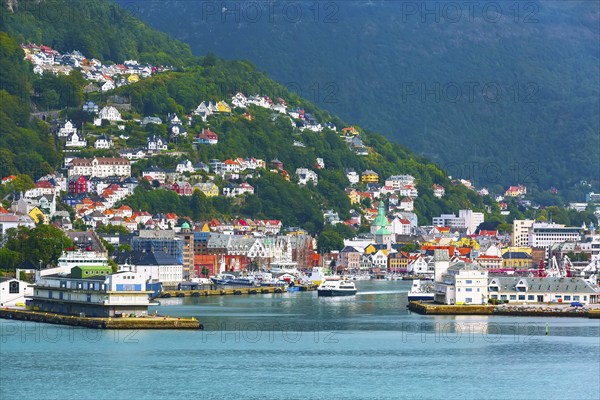 Bergen, Norway city view with Bryggen old wharf, port and colorful traditional houses at Bryggen