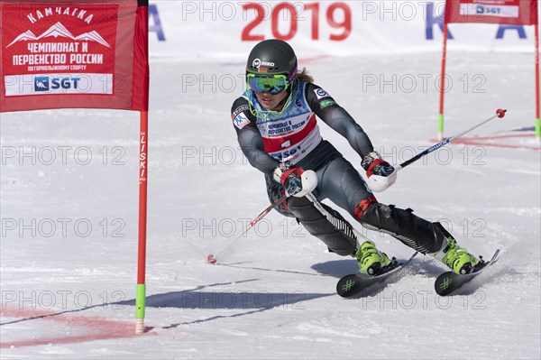 MOROZNAYA MOUNT, KAMCHATKA PENINSULA, RUSSIA, MARCH 30, 2019: Mountain skier Maria Shkanova Belarus