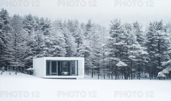A small white cabin is surrounded by trees covered in snow. The cabin is empty and the snow is