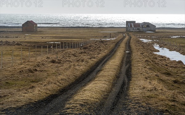 Icelandic meadow land with empty rural road leading to an abandoned farmhouse near the Atlantic