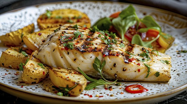 Grilled fish with lemon wedges and fresh salad on a decorative plate, garnished with herbs, AI