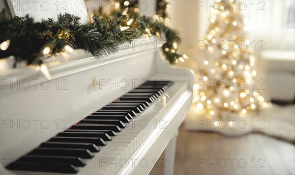 A white grand piano is surrounded by a Christmas tree and a wreath. Scene is festive and joyful, as
