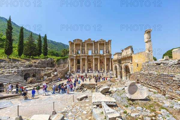 Kusadasi, Turkey, April 28, 2019: People visiting Celsus Library and old ruins of Ephesus or Efes