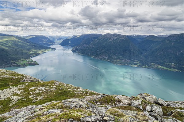 Lustrafjord, branch of Sognefjord, view towards east end at Fortun and Skjolden, seen from summit