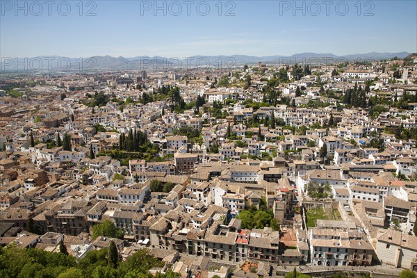 View of historic Moorish buildings in the Albaicin district of Granada, Spain seen from the