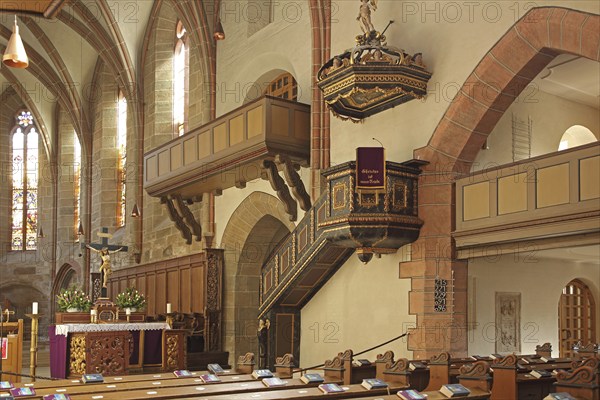 Pulpit and chancel, interior view, gallery, crucifix, collegiate church, Feuchtwangen, Middle