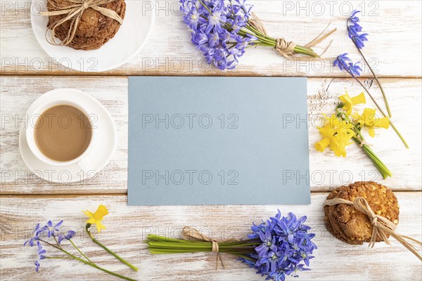 Blue paper sheet with oatmeal cookies, spring snowdrop flowers bluebells, narcissus and cup of
