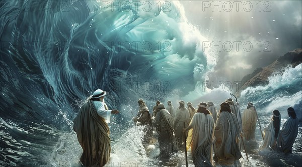 Moses leads the Exodus of the Israelites and jews out of Egypt and across the Red Sea, AI generated