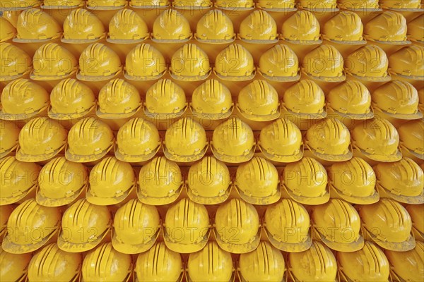 Pyramid with yellow safety helmets, ore hall UNESCO Völklingen Ironworks, working clothes, helmets,
