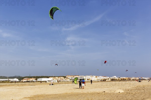 Sandy beach beach Playa de los Lances, kitesurfers and walkers, Tarifa, Strait of Gibraltar, Costa