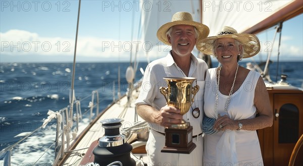Happy sailing couple holding their trophy on the deck of their sailing boat. generative AI, AI