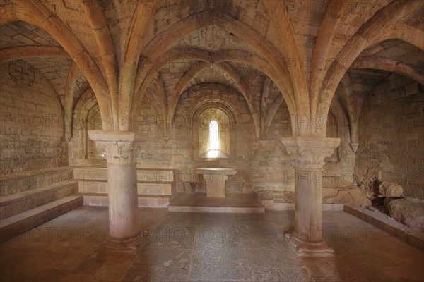 Interior view of the chapter house with ceiling vault and columns of the Romanesque abbey of Le