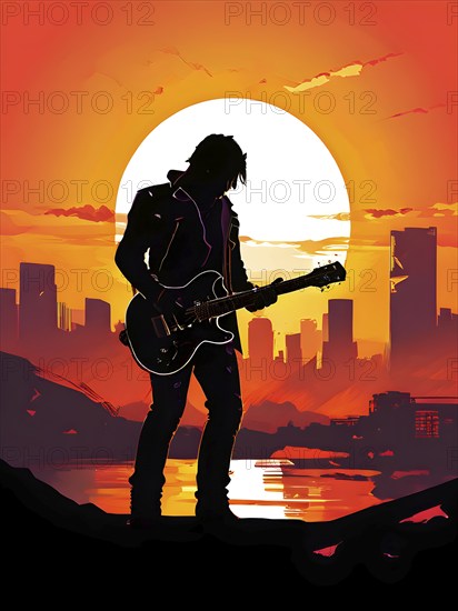 Illustration of a rock star silhouette clutching guitar against abstract urban skyline morphing