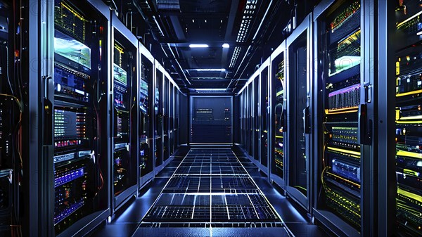 Modern server room filled with racks of computers and intricate installations, AI generated