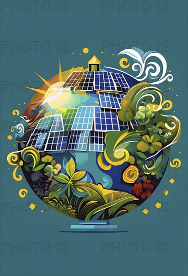Illustration of a globe composed of triangular solar panels and swirling wind patterns, symbolizing