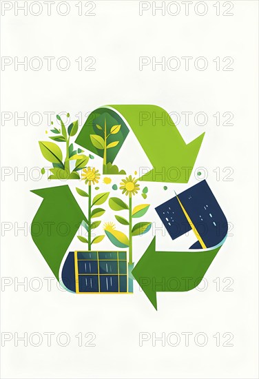 Recycling symbol morphing into growing plants and solar cells to symbolize the transformation of