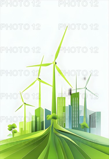 Abstract visual illustration of a city skyline where buildings morph into wind turbines and trees,