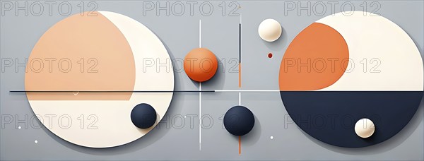 Minimalist composition of overlapping geometric shapes, such as circles, squares, and triangles,