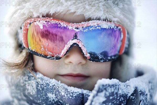 Child's face with large skiing sunglasses and hat cobered in snow in winter. Generative Ai, AI