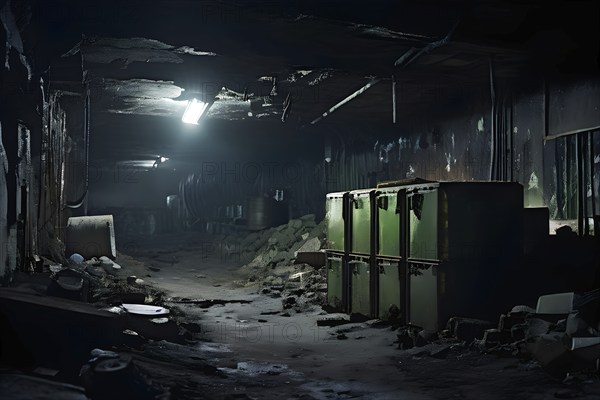 Abandoned underground bunker with radioactive old barrels, AI generated