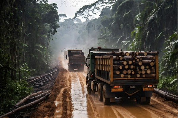 Trucks loaded with freshly cut timber wind through the narrow paths of the diminishing amazon