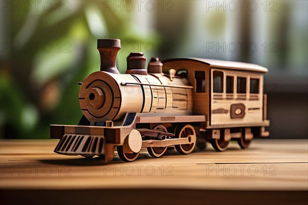 Vintage wooden locomotive toy with a playful design in front of blurred background, AI generated
