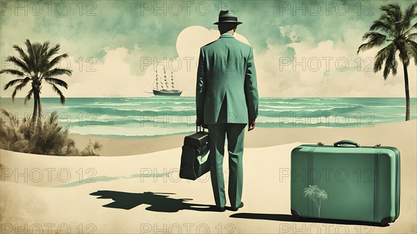 Vintage collage of a tourist with suitcase on a beach symbolizing vacation, AI generated