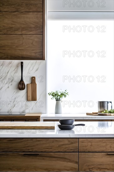 Wooden kitchen with top counter and other modern interior elements, AI generated