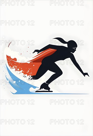 Ice speed skater illustration, depicted as a minimalist silhouette in motion in contrasting vibrant