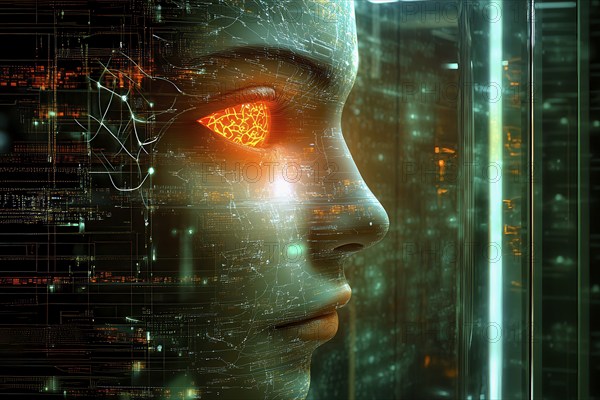 Conceptual symbolism of artificial Intelligence represented by a human face with a glowing orange