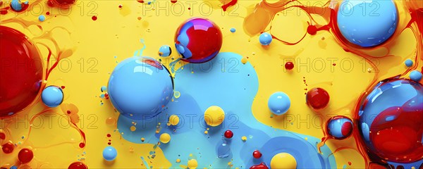 Abstract image with vibrant blue and red blobs and liquid shapes on a yellow background, AI
