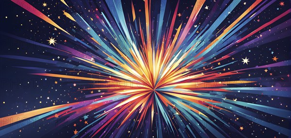 Wallpaper illustration of an explosion of vibrant fireworks colors in a night sky, symbol for happy