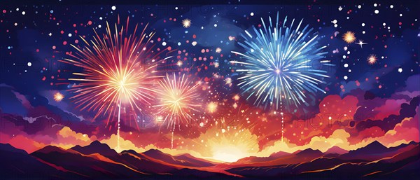 Wallpaper illustration of an explosion of vibrant fireworks colors in a night sky, symbol for happy