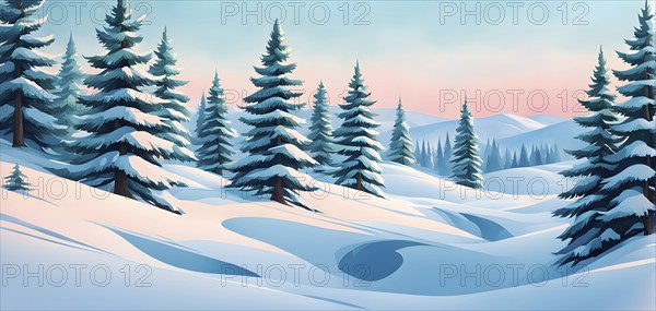 Abstract winter wonderland with minimalist stylized pine trees and snowdrifts using soft pastel