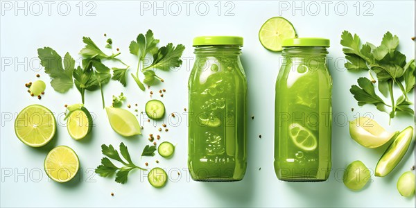 Minimalist lay flat composition of a bottle of vibrant green detox juice surrounded by green fruit