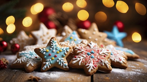 A detailed shot of Christmas cookies on a wooden table, featuring star-shaped cookies with colorful