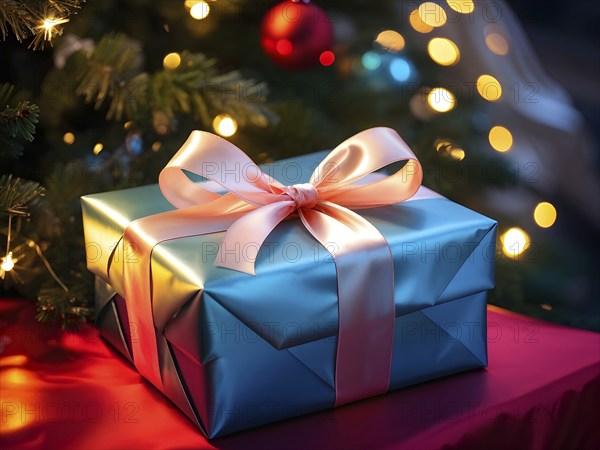 Close-up of a beautifully wrapped Christmas gift with a satin ribbon, set under a glowing Christmas