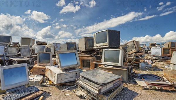 Symbolism, large junkyard with old computer screens, AI-generated, AI-generated, AI generated