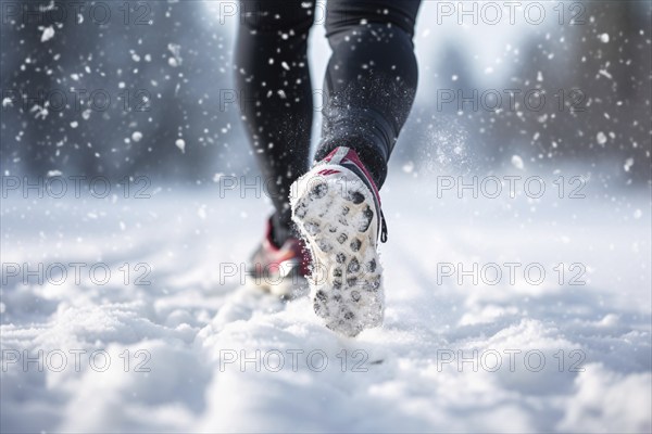 Back view of woman's legs with sport shoes jogging in snow in winter. KI generiert, generiert AI
