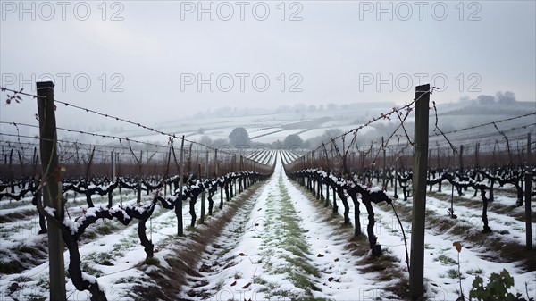 AI generated winter in the vineyard with snow blankets dormant vines and ambient light