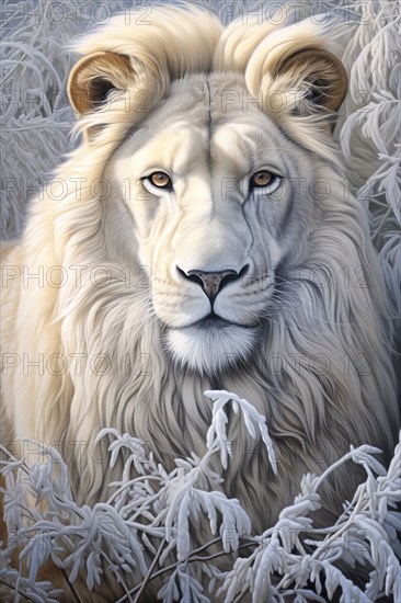 Portrait of a White Male lion in a snowy environment, AI generated