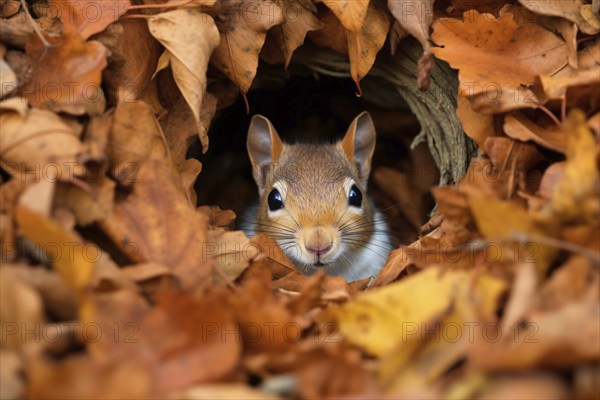 Cute brown squirrel hiding in nest surrounded by autumn leaves. KI generiert, generiert AI