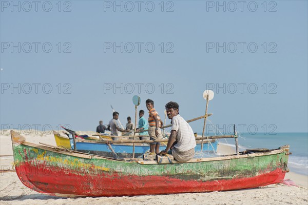 Fishermen, fishing boats, beach at Adam's Bridge, Rameswaram Island, near Rameshwaram or