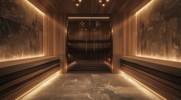 A luxury spa sauna wellness room with a large marble bathtub and a fireplace, AI generated
