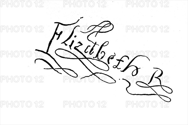 Signature, handwriting of Elizabeth, Queen of England, historical, digital reproduction of an