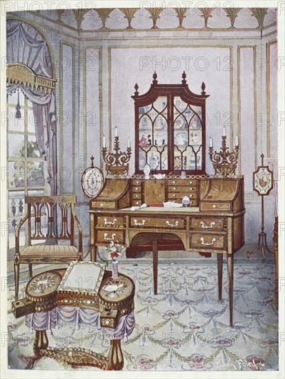 Furniture around the turn of the century 1900, Inlaid mahogany cylinder-fall china and book case,